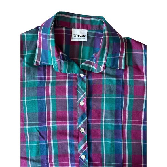 rrrrruss Size Medium Shirt‎ Sleeve Button Up Plaid Shirt Green, Purple, White - Picture 3 of 5